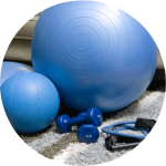 Blue stability ball, dumbbells and tubing
