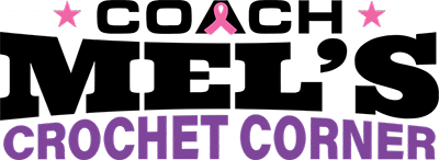 Coach Mel's Crochet Corner logo in black and purple with pink accents.