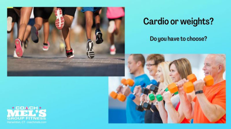 Cardio or weights? Runners and people using dumbbells.