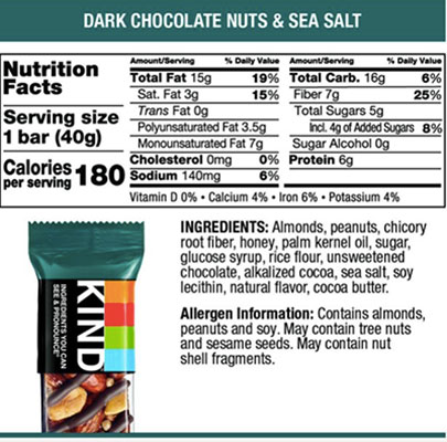 Nutrition label for Kind bar