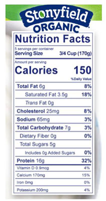 Nutrition label for Stonyfield organic plain yogurt