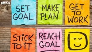 Multi-colored sticky notes to set goal, make plan, get to work, stick to it, and reach goal.