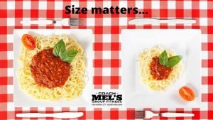 Meal size matters with plates of spaghetti in large and small portions.