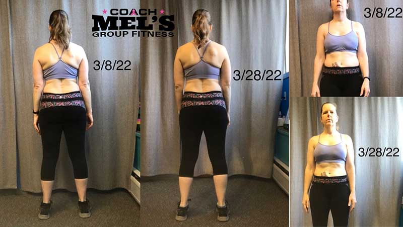 Before and after pictures of Coach Mel after counting calories and macros for 3 weeks.